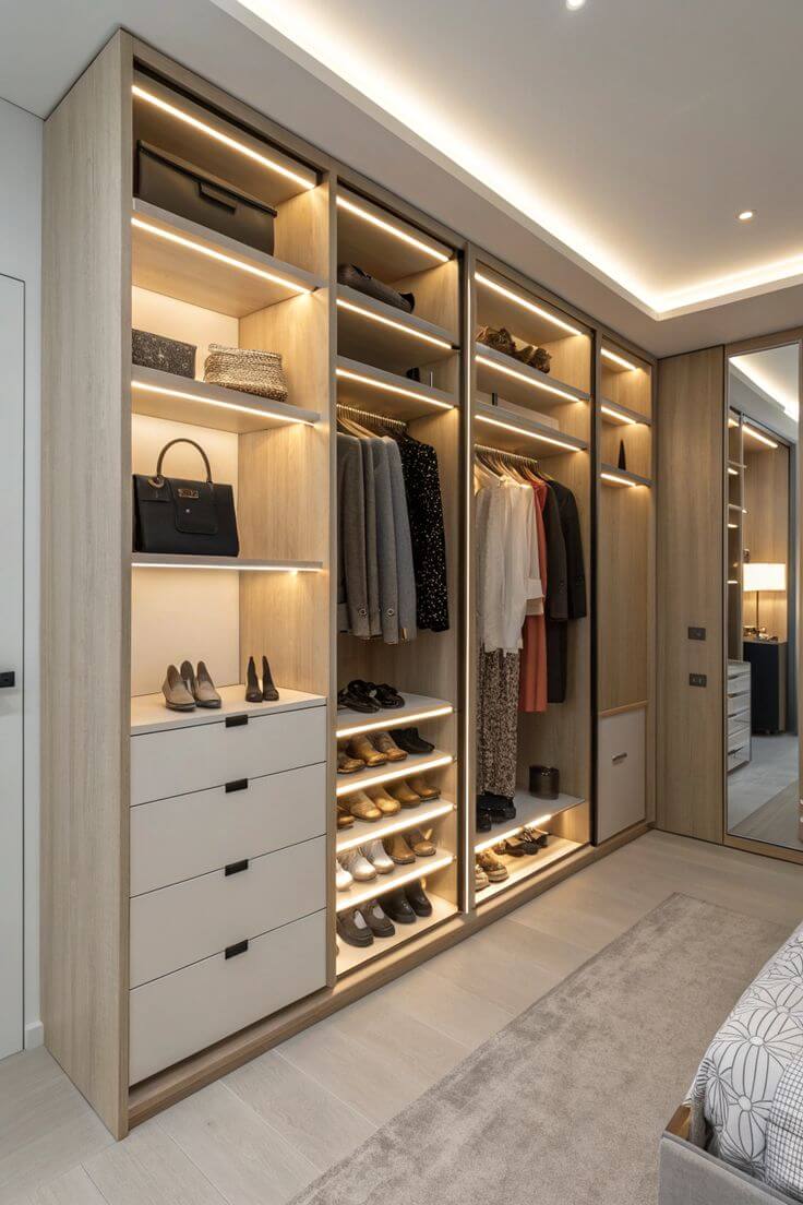 Closet planejado amadeirado com iluminação