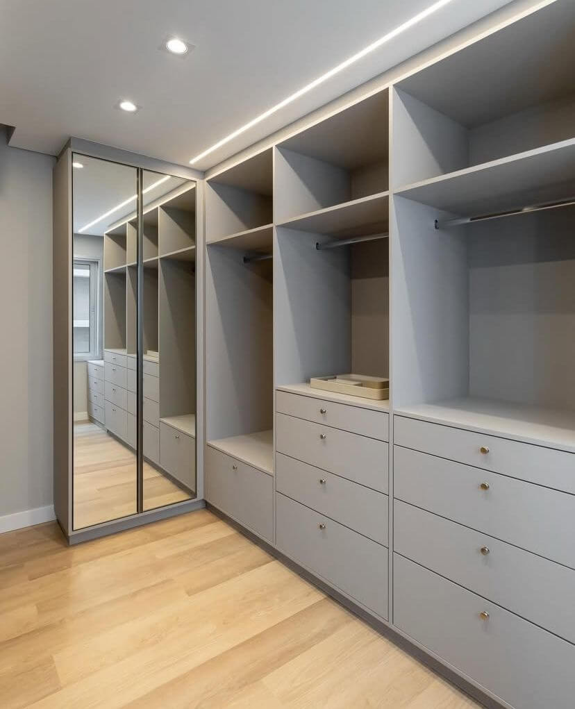 Closet cinza com espelho e gavetas planejadas